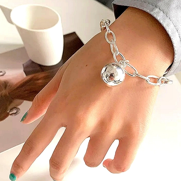 Silver Ball Drop Bracelet Chain Link Half Moon Minimalist Bangle - Picture 2 of 7